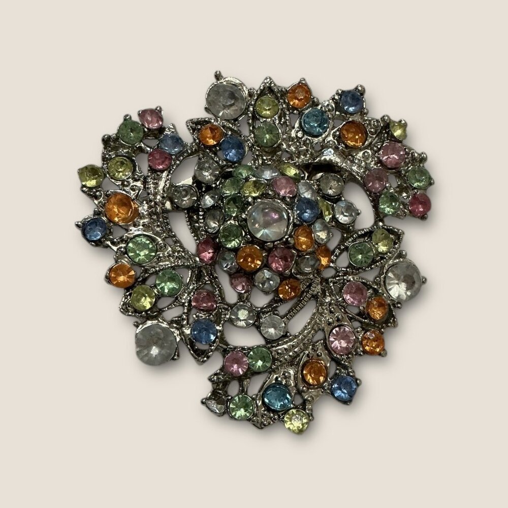 Vintage Estate Multicolor Rhinestone Floral Brooch Pin Silver Tone